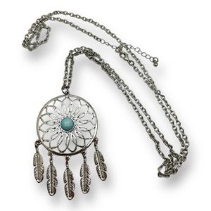 Boho Silver Metal Dreamcatcher Flower Feather Statement Necklace Festival